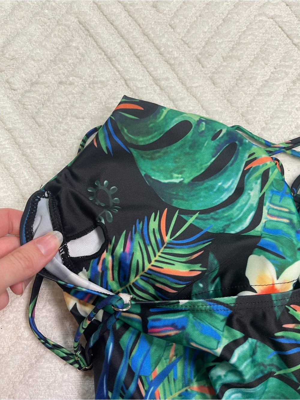 Tropical Floral One-Piece Swimsuit Green/Blue with Lace Up Front Size L - Picture 7 of 12